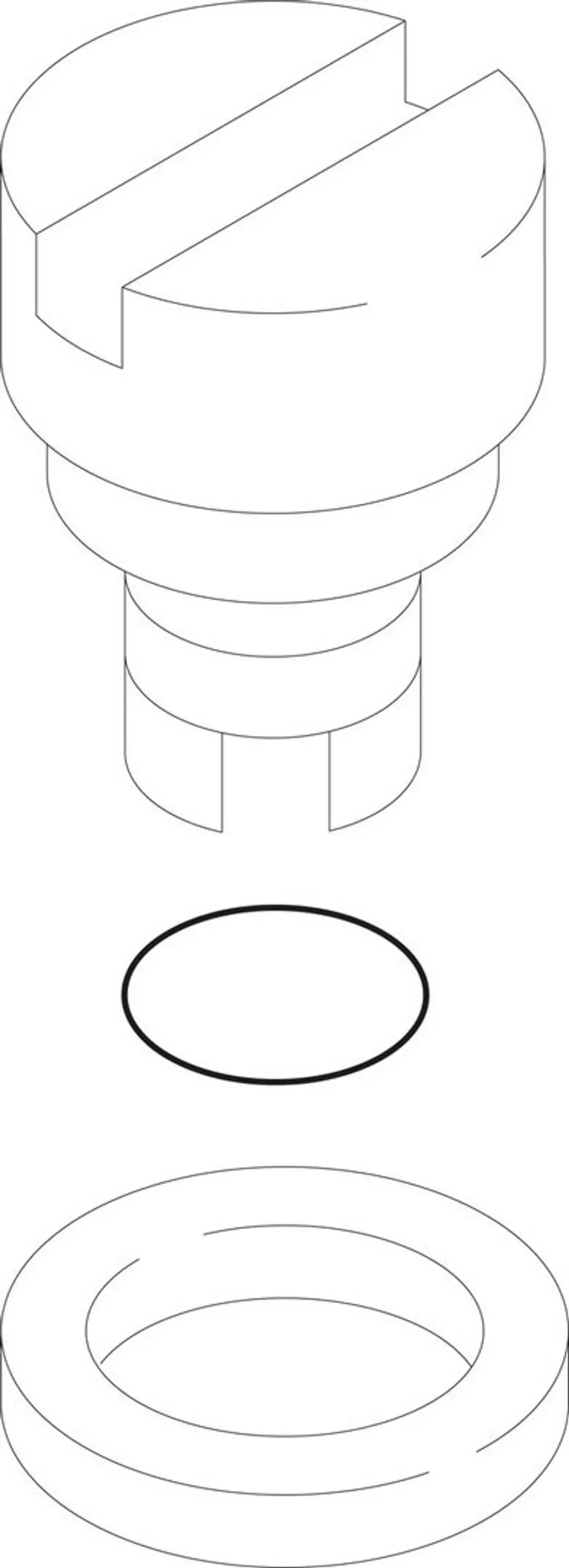 Schematische Darstellung eines Bosch langsamzündventils, bestehend aus einem oberen und einem mittleren Teil sowie einem unteren O-Ring.